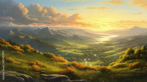 Panoramic view of the spring evening, hills and mountain slopes in sunset light