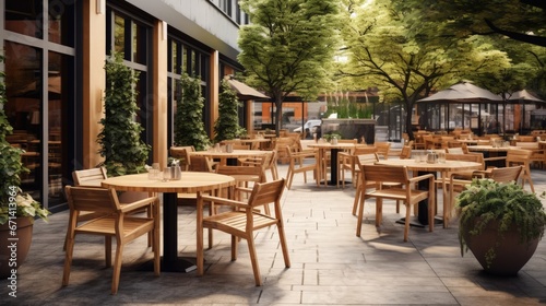 Outdoor restaurant terrace with wooden furniture in scandinavian style. Eco-friendly authentic design.