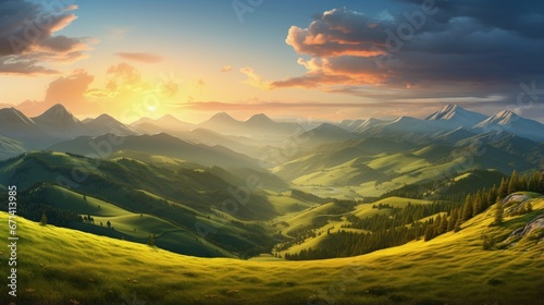 Panoramic view of the spring evening, hills and mountain slopes in sunset light