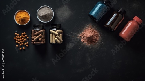 Sports supplements and dumbbells close-up on a dark background. Flat lay composition with protein and creatine. photo