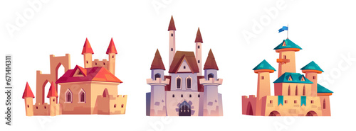Set of medieval castles isolated on white background. Vector cartoon illustration of fairytale kingdom palaces with towers, old royal fortresses with stone walls, gothic windows, iron bars on gates