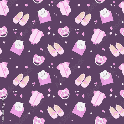 pattern for newborn girl. pacifier, body, envelope, stars, booties of purple background