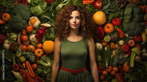 January 2024 Vegan Month banner, behind woman colorful background made from lot of vegetables 