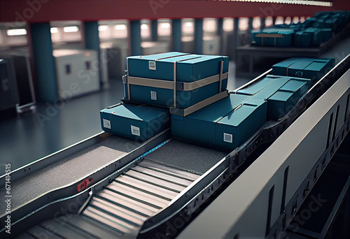 Conveyor for baggage in a multi-storey airport terminal. Suitcases and baggage on the conveyor belt on the way to the plane. AI generative. photo