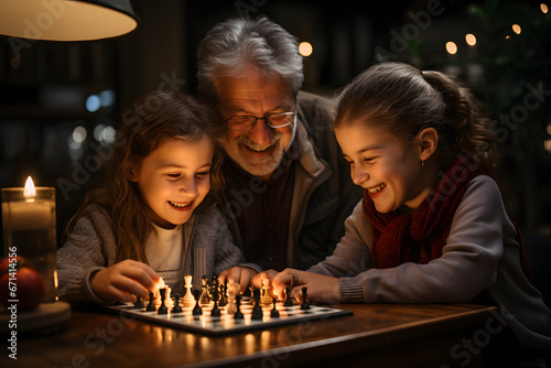 Grandparents with their grandchildren, playing chess together.