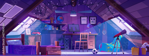 Attic kid bedroom interior in morning cartoon background. Child home on garret with window, telescope, bed, computer and table. Shelf for book in building with picture inside. Cozy teen house design