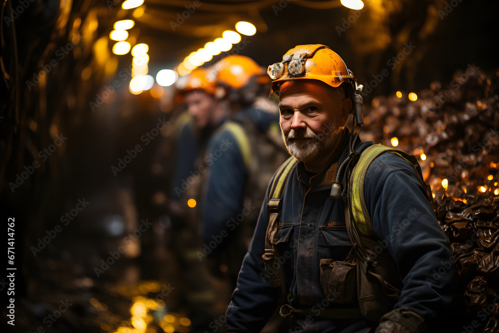 miners working in a well-lit underground mine miners working in a well-lit underground mine