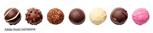Various chocolate pralines isolated on white background. Top view - Generative AI photo