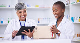 Happy woman, pharmacist and team with tablet and box in logistics for inventory inspection or stock at pharmacy. Women smile with technology, medical or healthcare supplies and pharmaceuticals