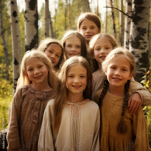with sun shining, we see a group of seven 8-year-old kids consisting of 3 girls and 4 boys, portrayed in a humorous way as an expedition group of wannabe scientists. 