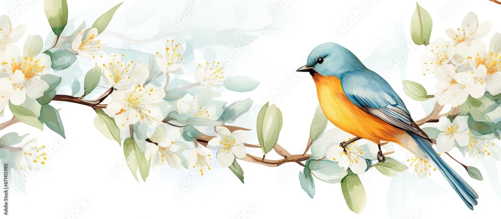 Watercolor bird pattern with paradise berries and branch