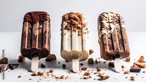 A row of chocolate ice creams with chocolate and nuts on them. photo