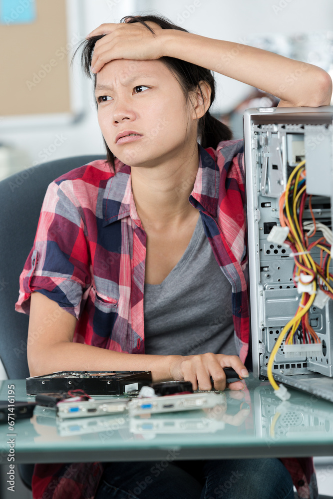 custom made wallpaper toronto digitala frustrated young woman trying to repair a pc