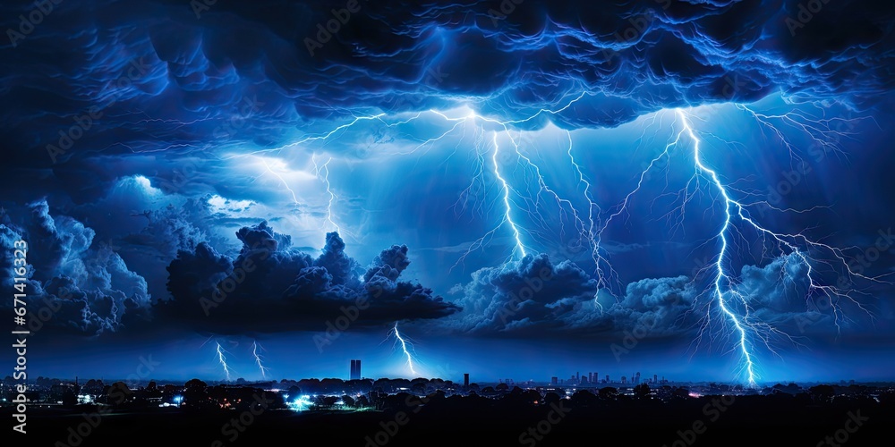 Obraz premium Bright lightning that lit up the dark night sky during an electrical storm. Thunderstorm concept by Generative AI