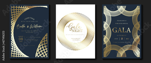 Luxury invitation card background vector. Golden elegant geometric shape, gold lines gradient on dark blue background. Premium design illustration for gala, grand opening, party invitation, wedding.