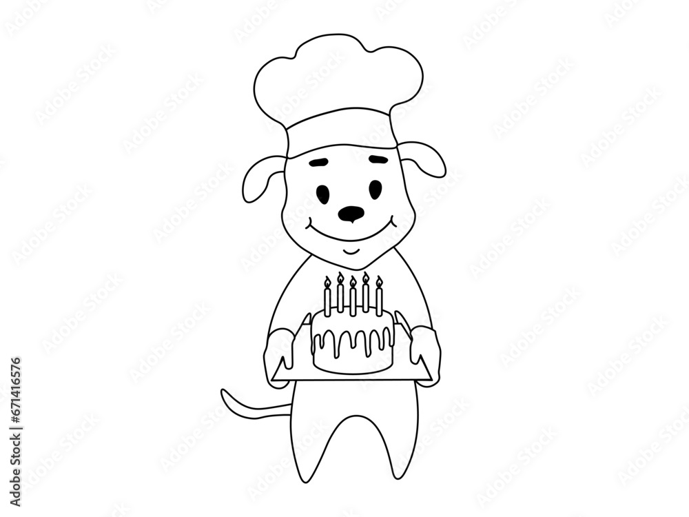 Cheerful baker,cook, doodle black and white dog with birthday cake with candles Cheerful baker,cook, doodle black and white dog with birthday cake with candles