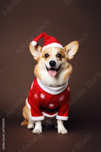 Corgi dog studio portrait in Christmas outfit. Happy dog animal in Santa Claus hat © troyanphoto