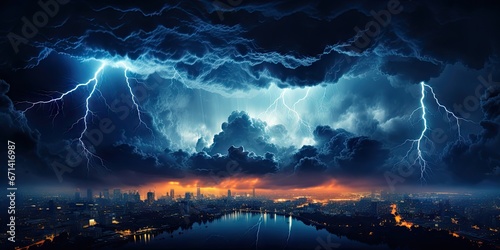 Bright lightning that lit up the dark night sky during an electrical storm. Thunderstorm concept by Generative AI