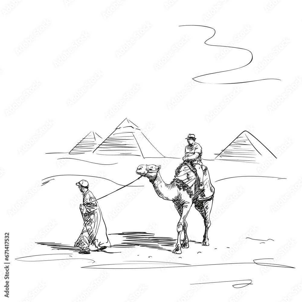 vecteur-stock-sketch-of-tourist-on-camel-sightseeing-tour-by-bedouin