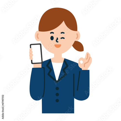 ビジネスパーソン　スマートフォン　OK スーツ　女性　イラスト　仕事