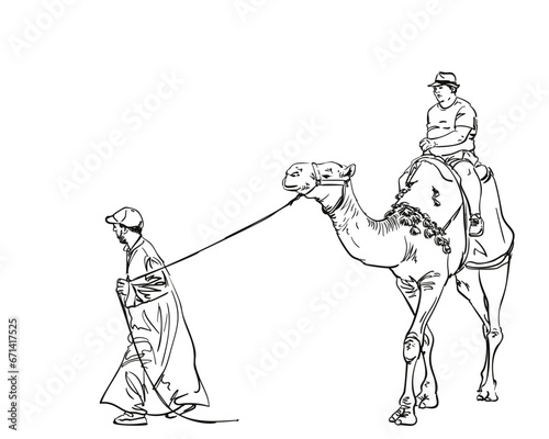 Sketch of tourist riding camel with bedouin guide, Hand drawn vector linear illustration