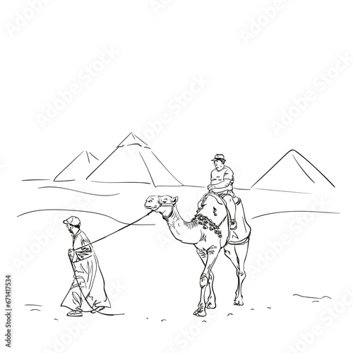 Sketch of tourist riding camel sightseeing tour with bedouin guide at the Pyramids of Giza, Hand drawn vector, Travel Egypt hand drawn linear illustration