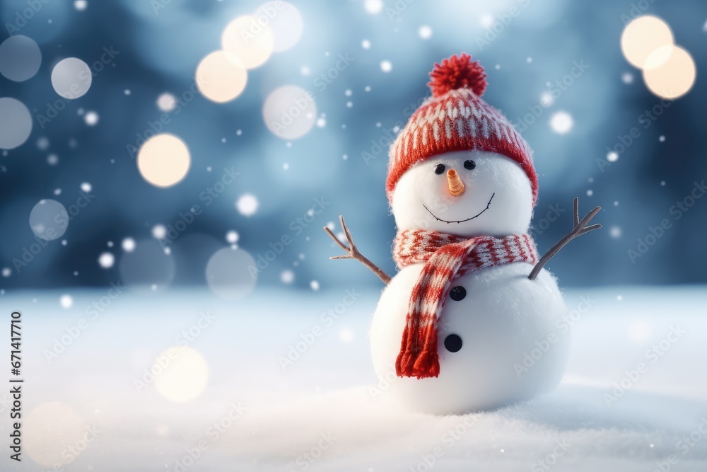 Christmas Winter Background with Snowman and Blurred Bokeh, Festive Greeting Card Design, ai generated