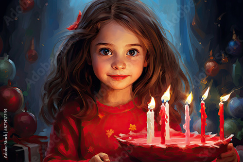 Cute dark hair girl blowing out candles on a birthday cake. Holiday concept