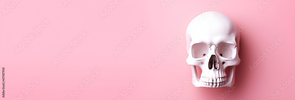 Artificial white human skull with brain and eyes on light pink background, advertising banner, web banner, Place for your text, copy space, empty space, Generative AI - obrazy, fototapety, plakaty 