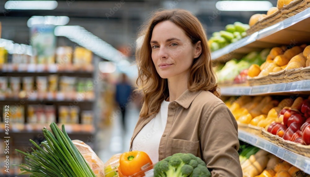  A woman shopping products in a grocery store, considering nutrition, prices, and ingredients