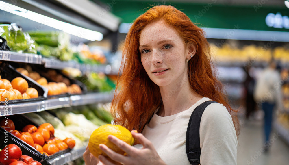  A woman shopping products in a grocery store, considering nutrition, prices, and ingredients