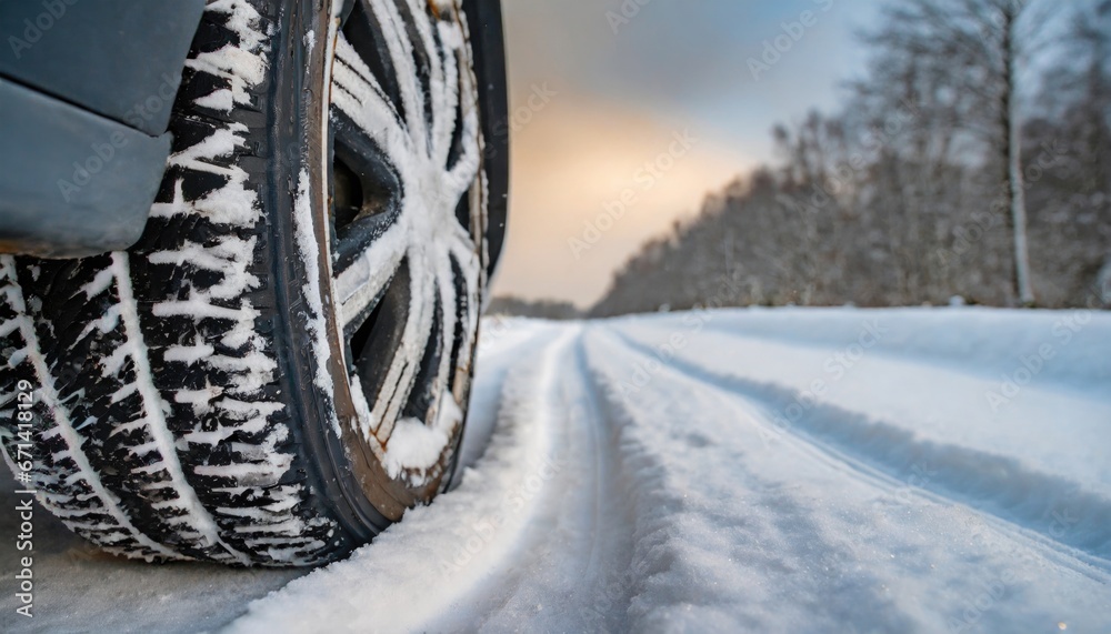 Close up of car tires in winter on the road covered with snow. Winter tire Close up of car tires in winter on the road covered with snow. Winter tire