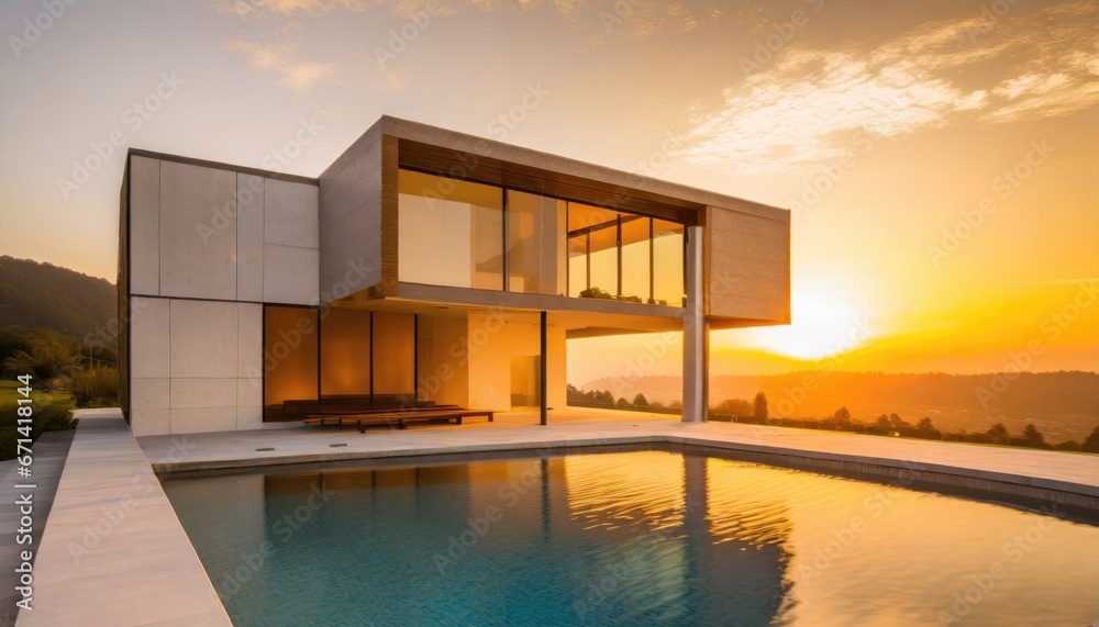 Exterior of modern minimalist cubic villa with swimming pool at sunset Exterior of modern minimalist cubic villa with swimming pool at sunset