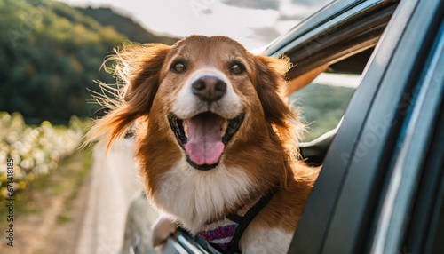 Happy dog with head out of the car window having fun © Marko