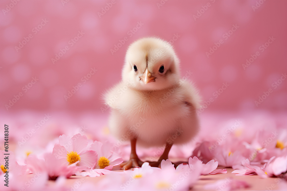 Cute baby chick with petals and pink background, advertising banner, web banner, Place for your text, copy space, empty space, Generative AI