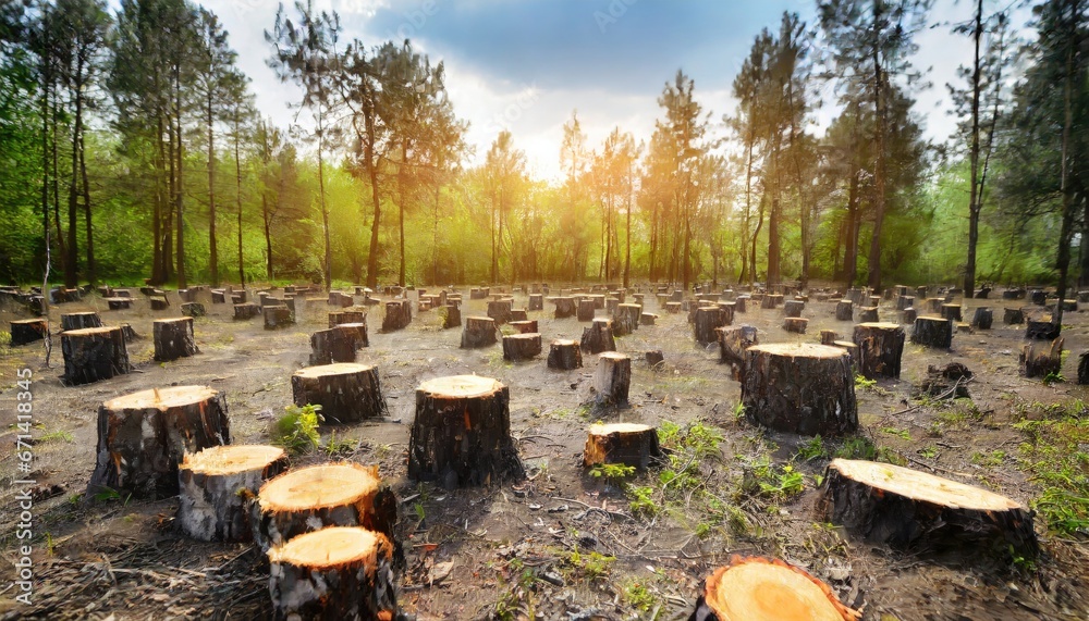 Many tree stumps in summer forest. Deforestation and forest degradation Many tree stumps in summer forest. Deforestation and forest degradation