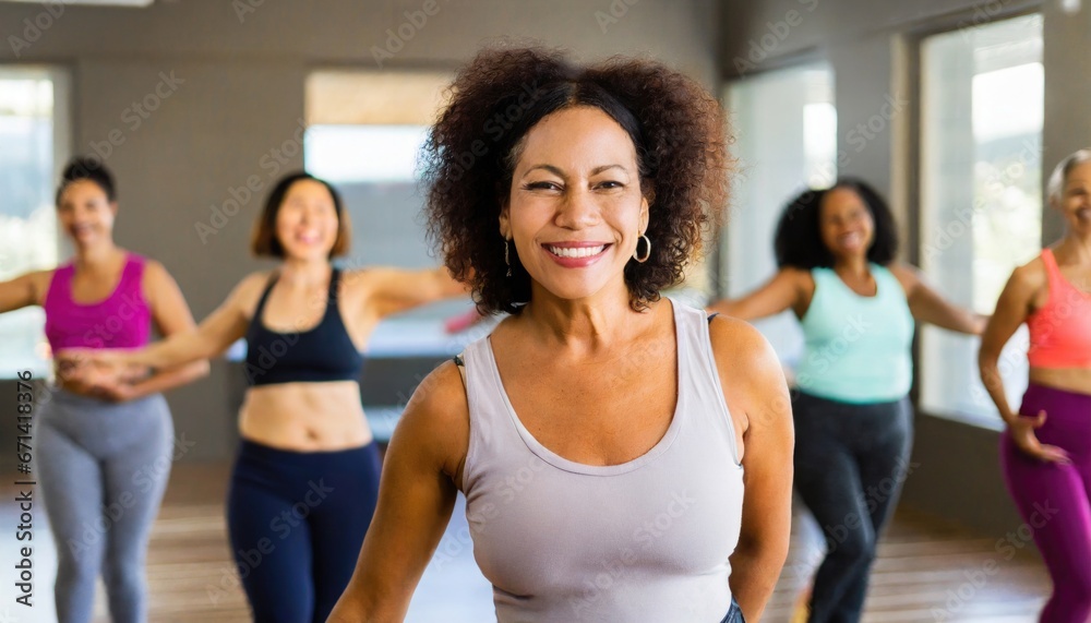 Middle-aged woman standing in a fitness studio, candidly expressing their active lifestyle through sport with friends Middle-aged woman standing in a fitness studio, candidly expressing their active lifestyle through sport with friends