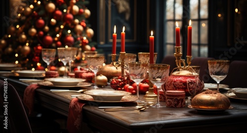 Christmas dinner table set with tree on background