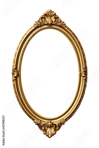Antique round oval gold picture mirror frame isolated on transparent or white background PNG © JetHuynh