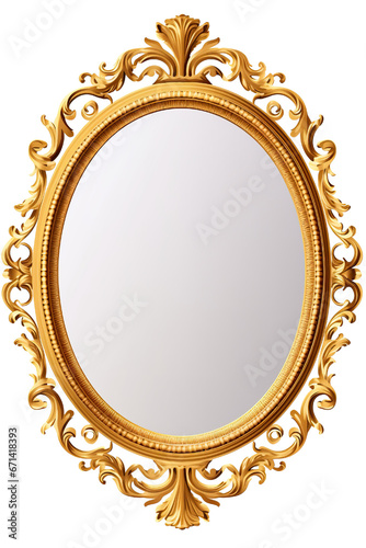 Antique round oval gold picture mirror frame isolated on transparent or white background PNG