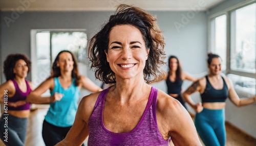 Middle-aged woman standing in a fitness studio, candidly expressing their active lifestyle through sport with friends