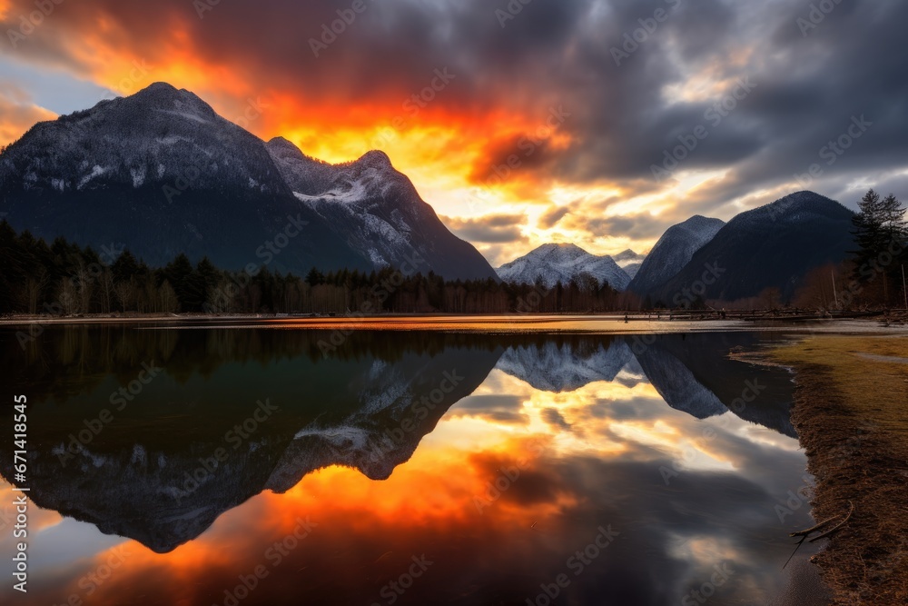 Calm mountain lake at sunrise