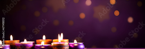 Happy Diwali - Clay Diya lamps lit during Dipavali, Hindu festival of lights celebration, advertising banner, web banner, Place for your text, copy space, empty space, Generative AI