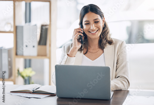Lawyer, laptop or phone call in office networking, legal consulting or policy communication in corporate law firm. Smile, happy or talking attorney woman on mobile technology and laptop case research