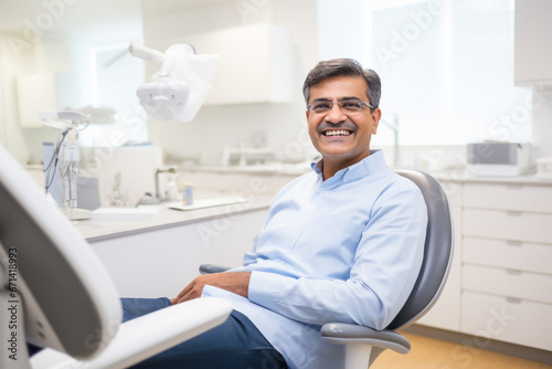 A man sitting in a dentist s office and smiling.