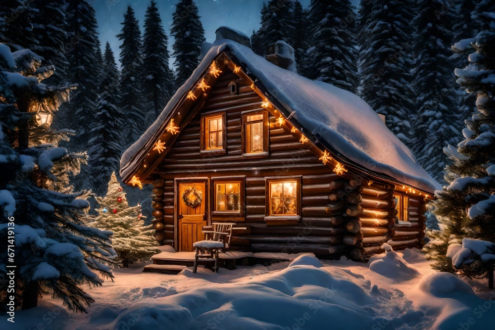 A winter wonderland with a small cabin covered in snow, surrounded by pine trees adorned with Christmas lights.
