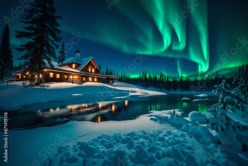 A breathtaking display of the Northern Lights dancing across the night sky, casting an ethereal glow over a picturesque Christmas landscape.