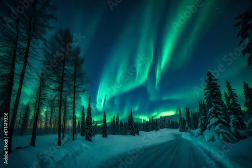A breathtaking display of the Northern Lights dancing across the night sky, casting an ethereal glow over a picturesque Christmas landscape.