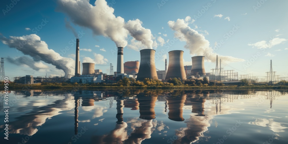 Power plants with turbines and generators work tirelessly to produce the city's electricity needs. industrial electric energy storage by Generative AI