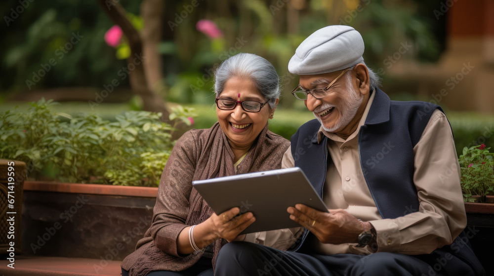 indian senior couple sitting at park and using tablet indian senior couple sitting at park and using tablet